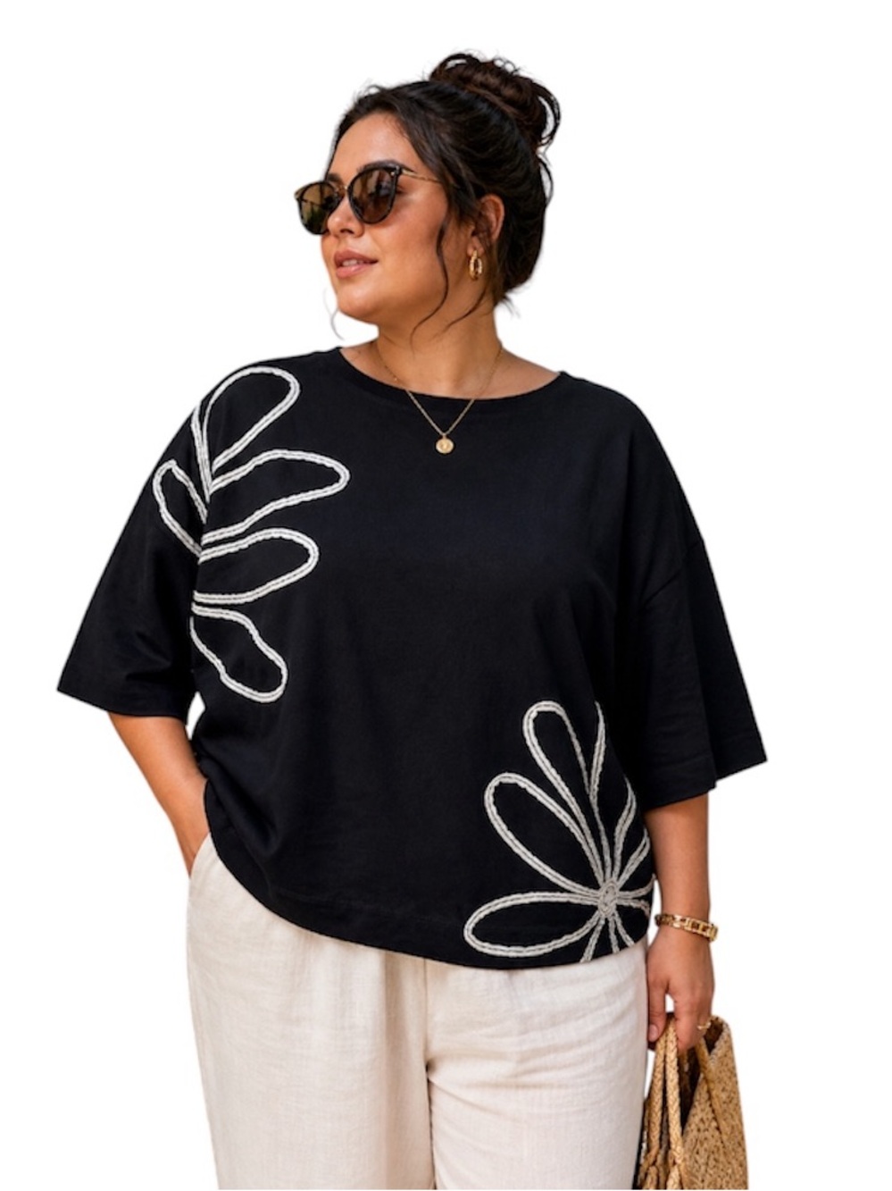 LOFT Large Black Cropped Tshirt White Flowers Summer Casual